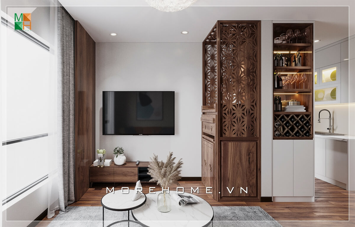 Mẫu kệ tivi gỗ tự nhiên tuy đơn giản nhưng cũng hết sức tinh tế và tiện nghi khiến căn phòng khách chung cư trở nên sang trọng hơn. Thiết kế chung cư