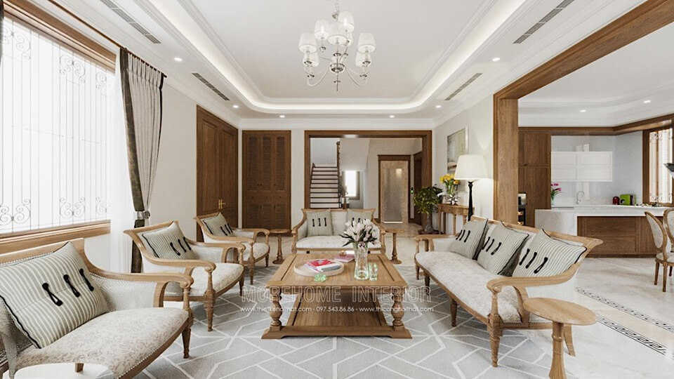 Morehome đem đến cho khách hàng mẫu thiết kế nội thất phòng khách cao cấp với chất liệu gỗ tự nhiên màu sắc nhẹ nhàng, tinh tế Thiết kế nội thất biệt thự