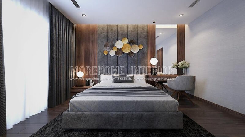 Trang trí phòng ngủ với giấy dán tường màu xám đơn sắc tạo nên không gian nhẹ nhàng tinh tế. Thiết kế phòng ngủ biệt thự