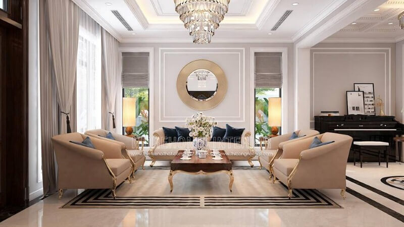 Bộ bàn ghế sofa chân gỗ mạ vàng đẹp, sang trọng cho không gian phòng khách biệt thự, nhà phố. Thiết kế phòng khách biệt thự