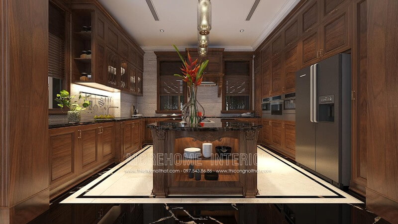Mẫu tủ bếp tân cổ điển được làm từ gỗ óc chó nhập khẩu cao cấp với những nét chạm khắc hoa văn cầu kì, tỉ mỉ kết hợp với những màu sắc óc chó sang trọng, tạo nên một không gian cuốn hút mà bất kì ai cũng muốn sở hữu Thiết kế tủ bếp đẹp