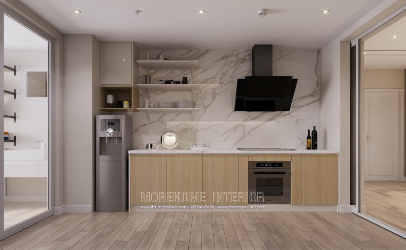Tủ bếp gỗ công nghiệp MDF màu nâu sáng thiết kế nhiều ngăn hỗ trợ lưu chứa đồ đạc cho người nội trợ Tủ bếp gỗ công nghiệp và tủ bếp acrylic