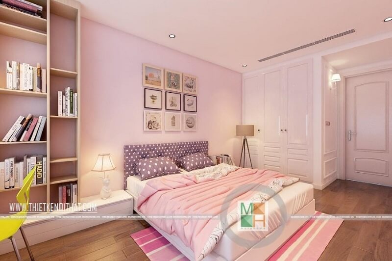 Thiết kế phòng ngủ chung cư hiện đại với tông màu hồng nữ tính được các bé gái rất yêu thích. Thiết kế chung cư