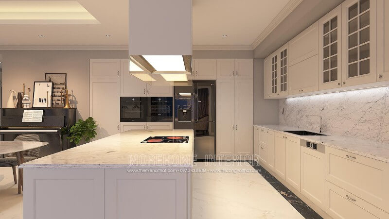 Thiết kế nội thất tủ bếp sang trọng và tinh tế với màu trắng tinh khôi, thanh thoát Tủ bếp đẹp