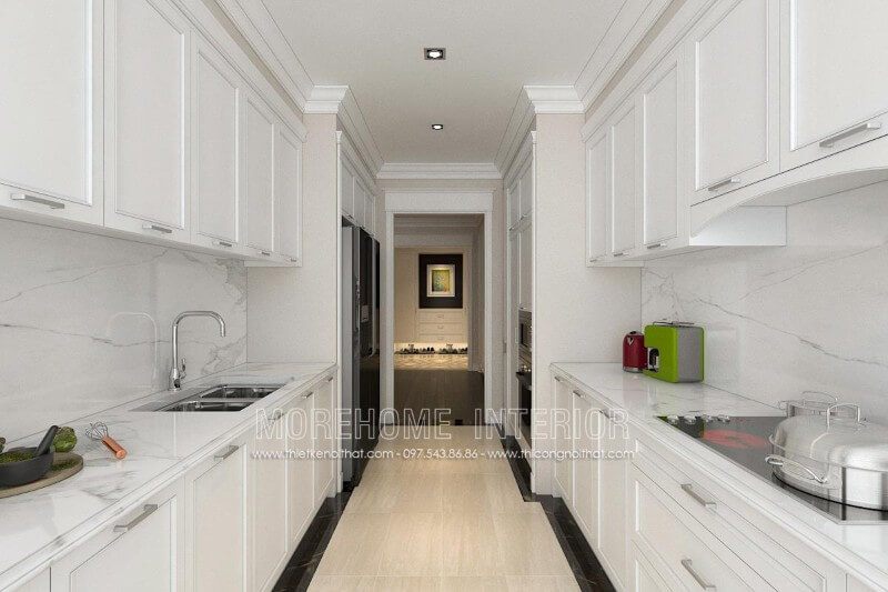 Trang trí nội thất phòng bếp đẹp và sang trọng với mẫu tủ bếp gỗ tần bì phun sơn trắng cao cấp