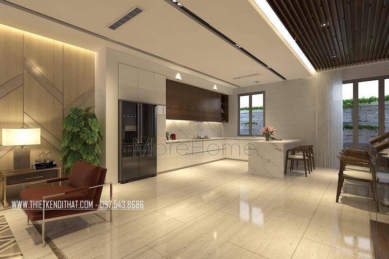 Bàn đảo bếp được thiết kế với chất liệu đá tự nhiên sang trọng và chắc chắn