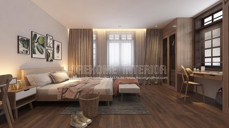 . Phòng ngủ có thiết kế sàn gỗ công nghiệp với gam màu đồng điệu và nội thất giúp căn phòng trở nên thoáng đãng hơn.