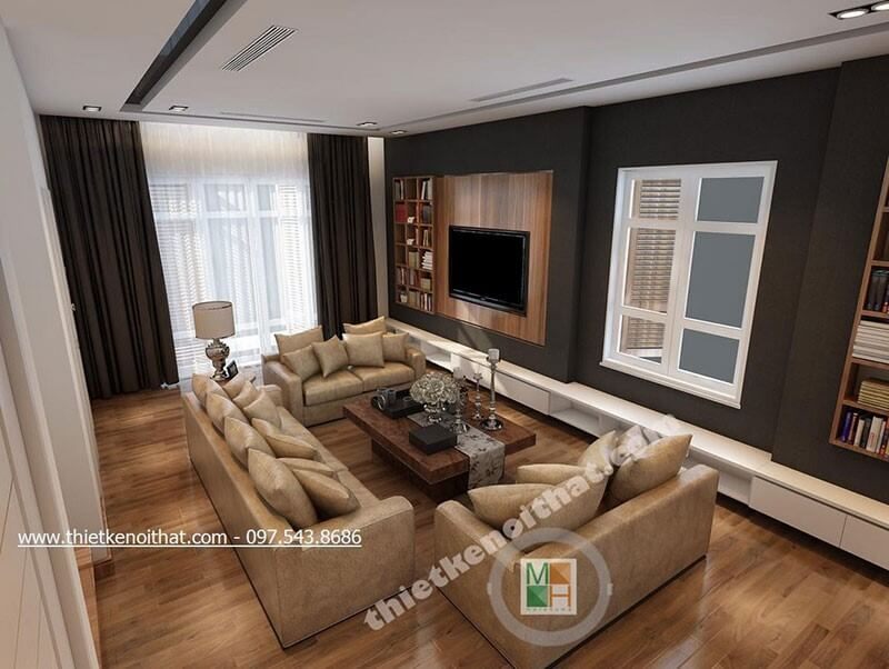 Sofa phòng khách cao cấp bọc da tone màu vàng hiện đại kết hợp với bàn trà gỗ tự nhiên mang lại sự sang trọng và ấn tượng.