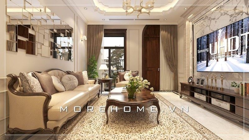 Khi đặt chân vào căn phòng, bàn trà gỗ óc chó sẽ gợi nên một cảm giác tinh tế và sang trọng.