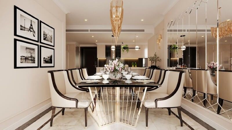 Nội thất phòng ăn chung cư cao cấp được thiết kế để tạo ra một không gian sống thoải mái và hiện đại.